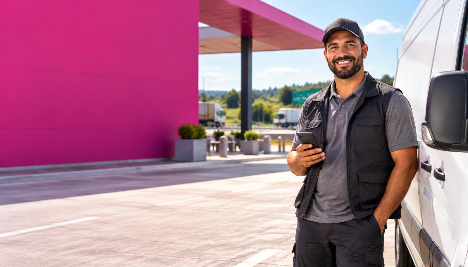 Motorista ao lado de veículo de trabalho usando o celular